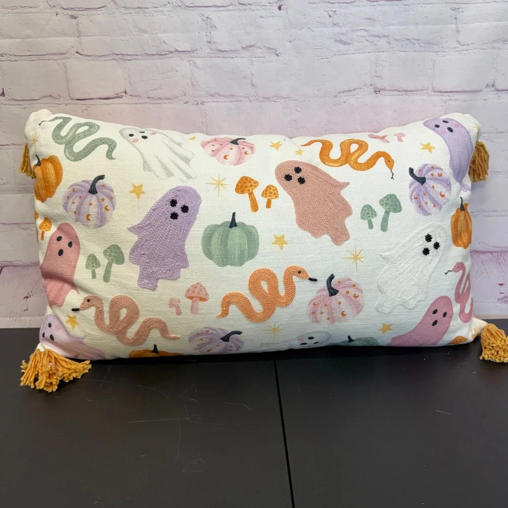 Pastel Halloween Embroidered Lumbar Pillow GhostSnake Pumpkin Tassel Decor 20x12